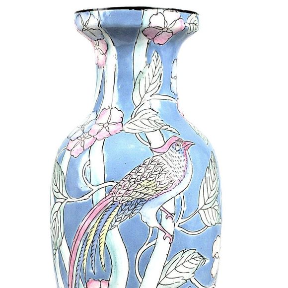 Vintage Vase Chinese Porcelain Light Blue  Floral & Bird of Paradise Cottagecore - Picture 5 of 8